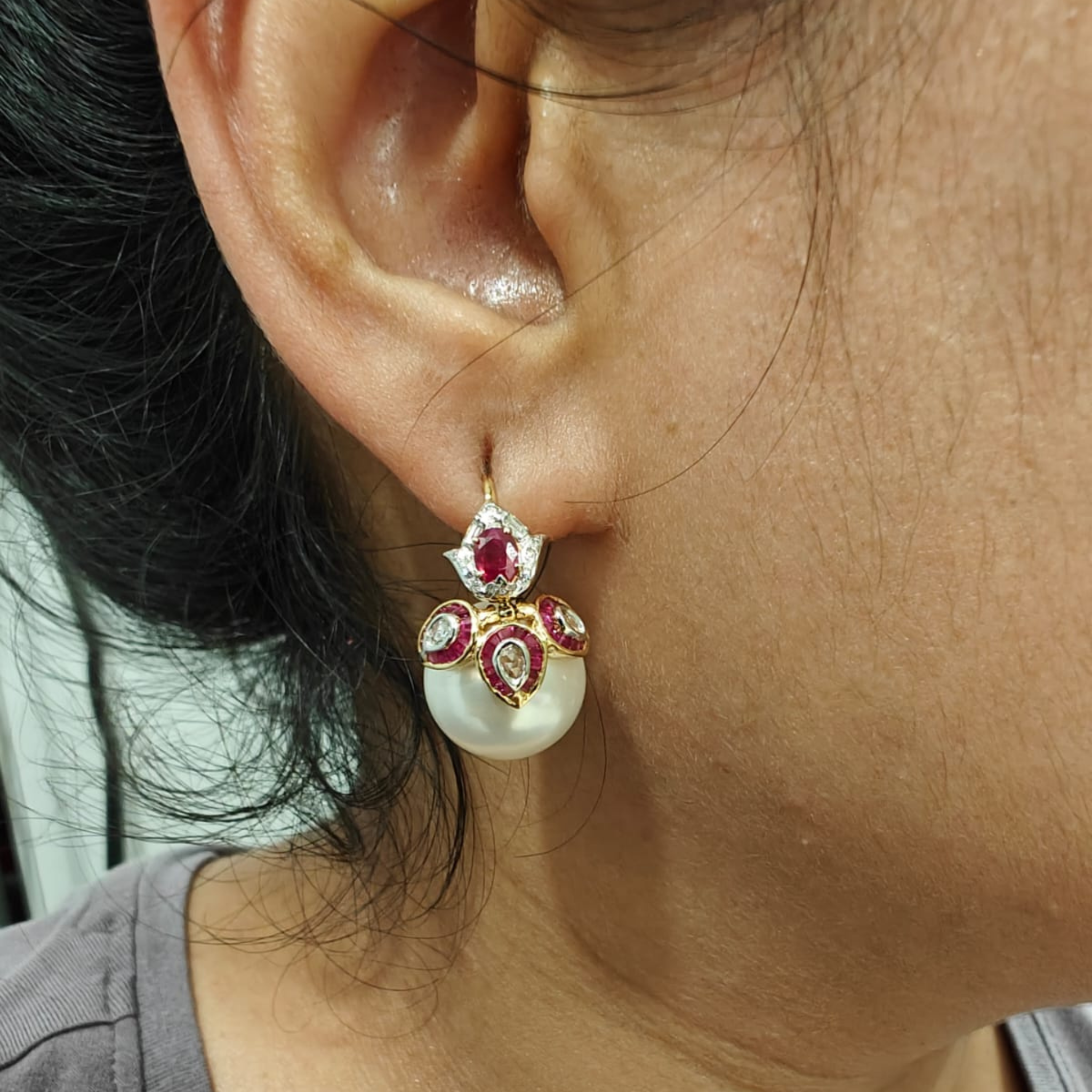 The 3 petal large ruby diamond and pearl earrings