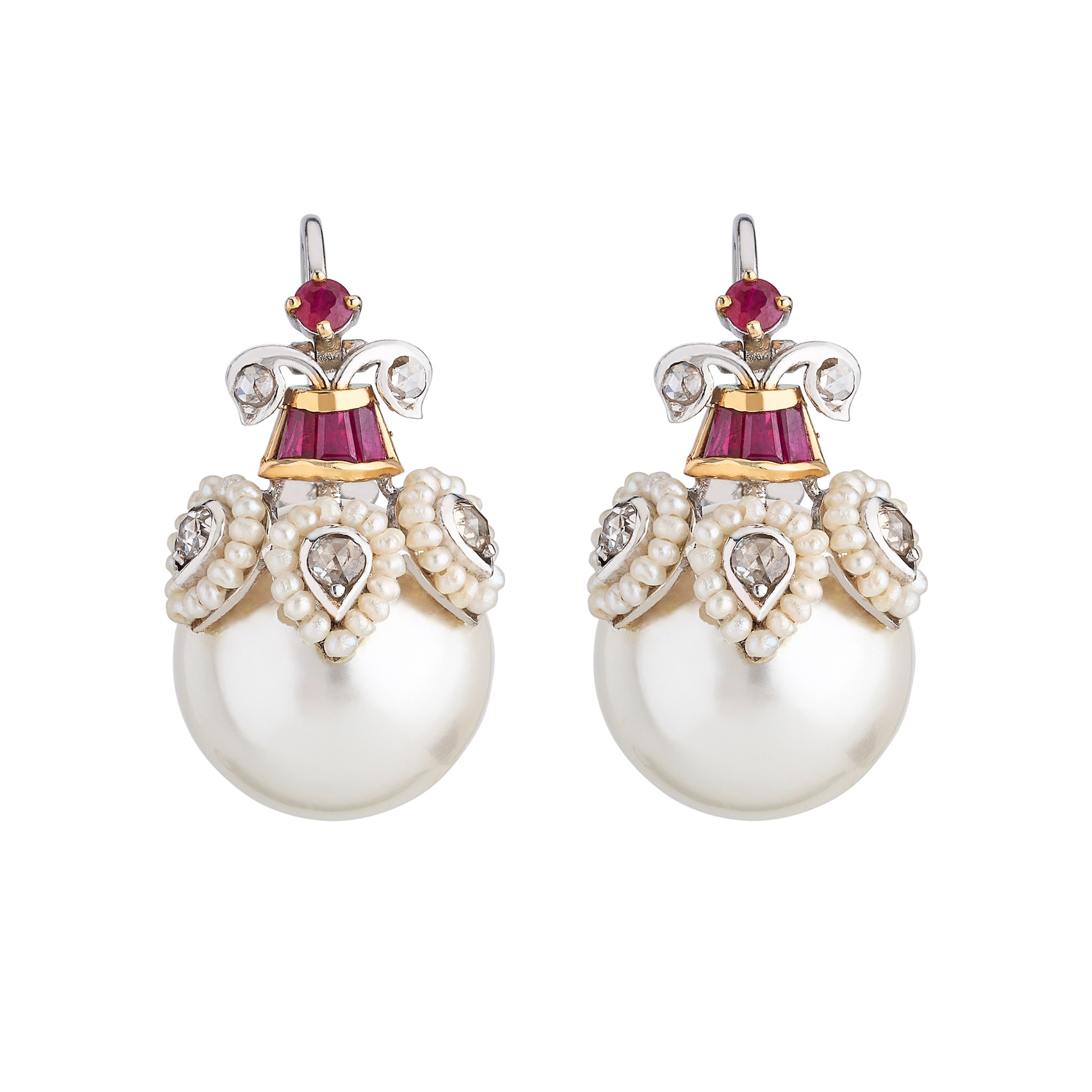 The three petal ruby and seed pearl diamond with pearl earrings