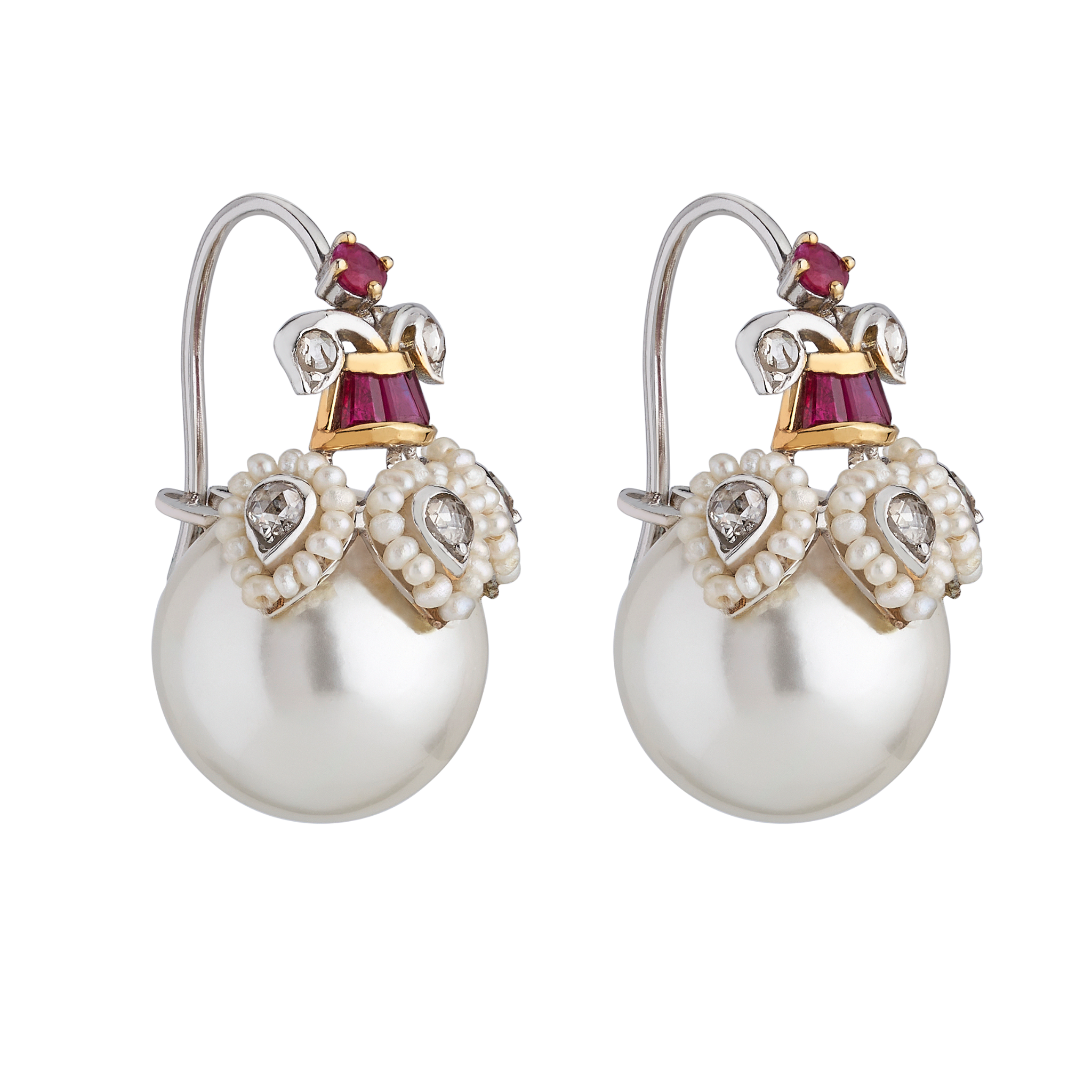 The three petal ruby and seed pearl diamond with pearl earrings