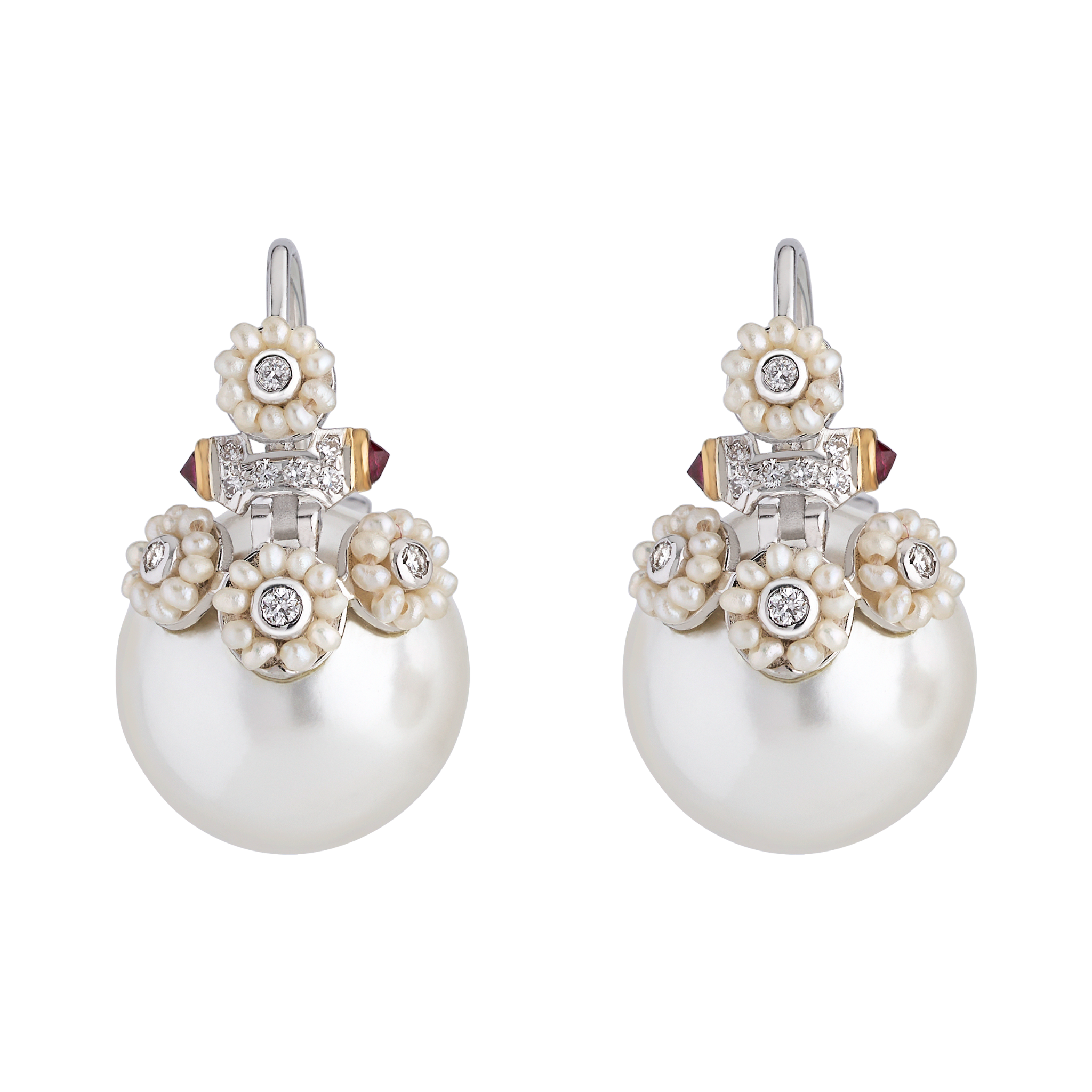 The four moon seed pearl earrings with diamonds and rubies