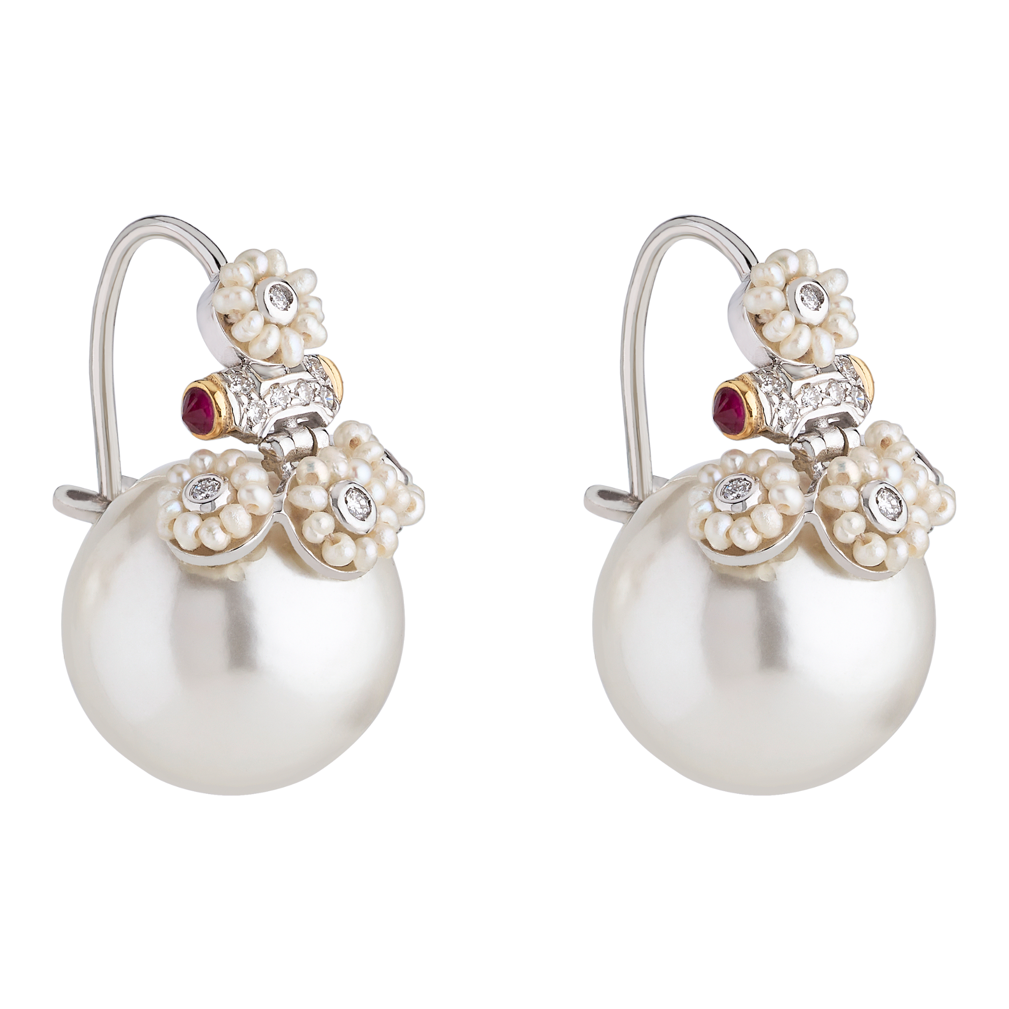 The four moon seed pearl earrings with diamonds and rubies