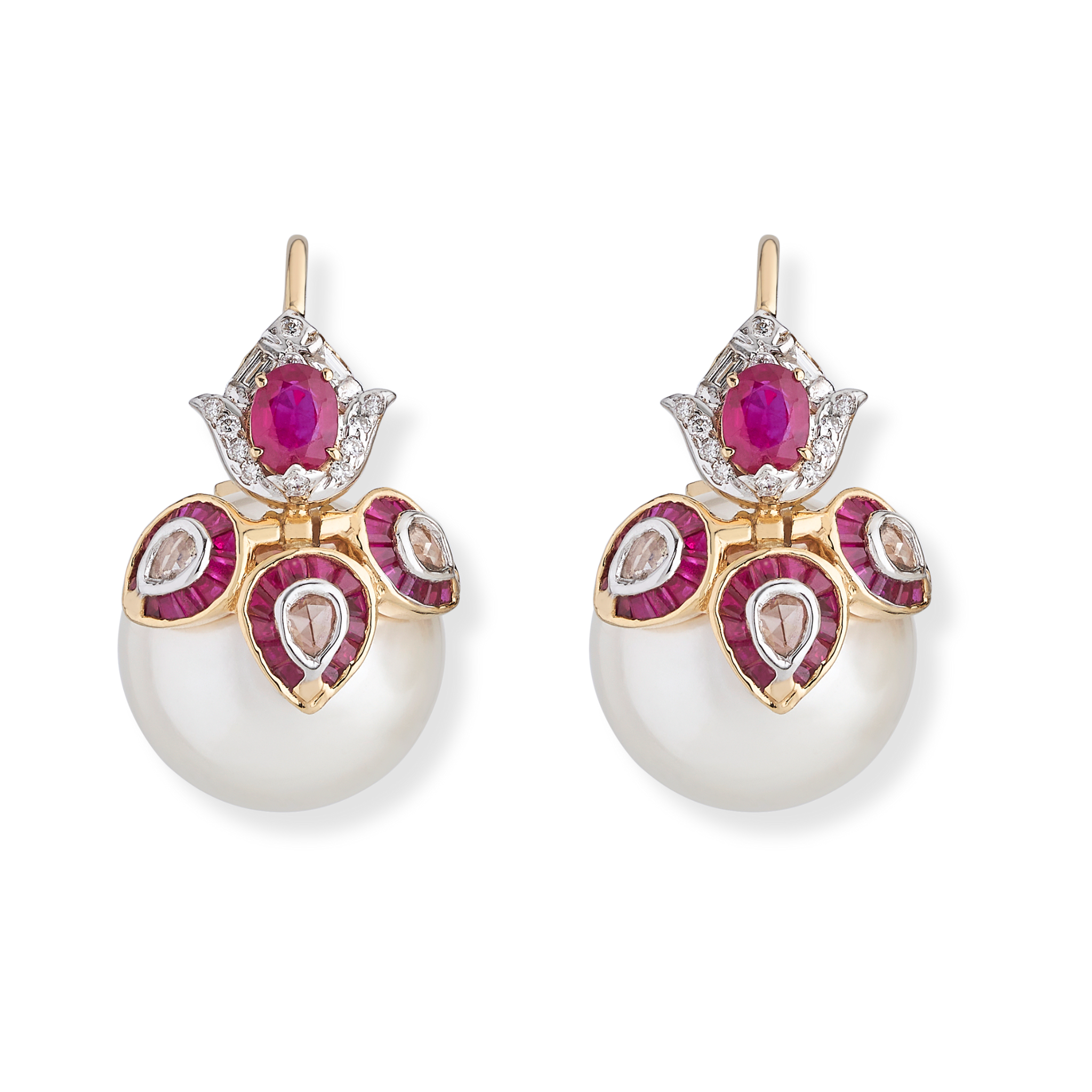 The 3 petal large ruby diamond and pearl earrings