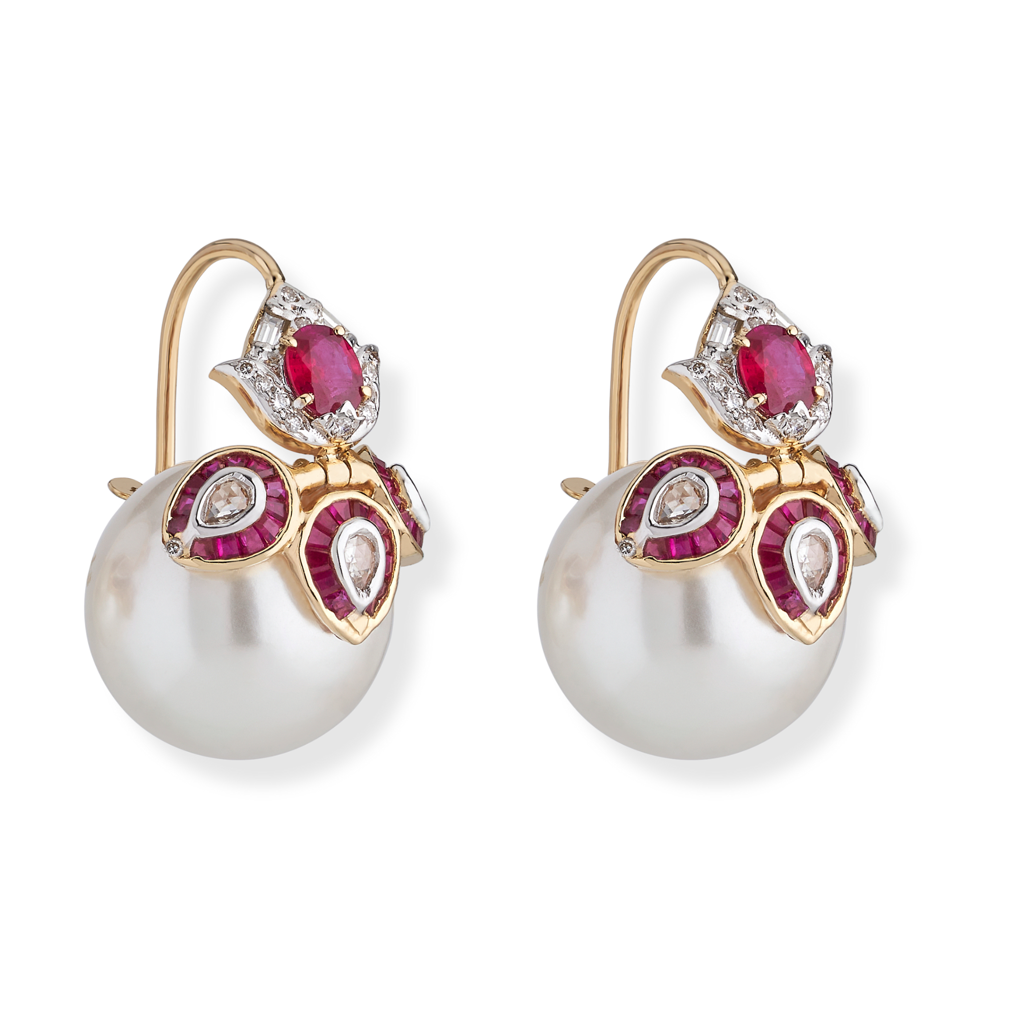 The 3 petal large ruby diamond and pearl earrings