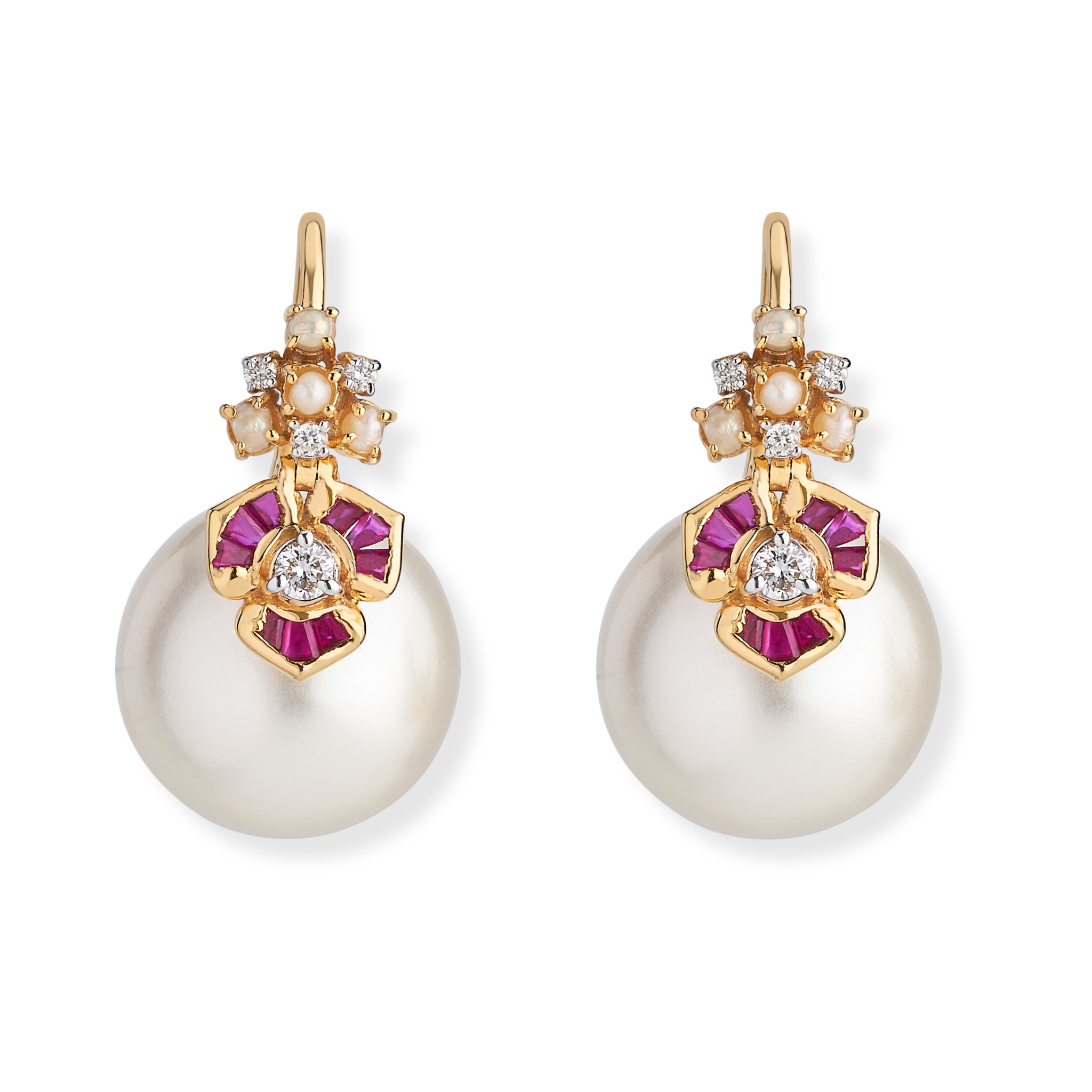 Ruby baguette flower earrings with diamonds and pearls