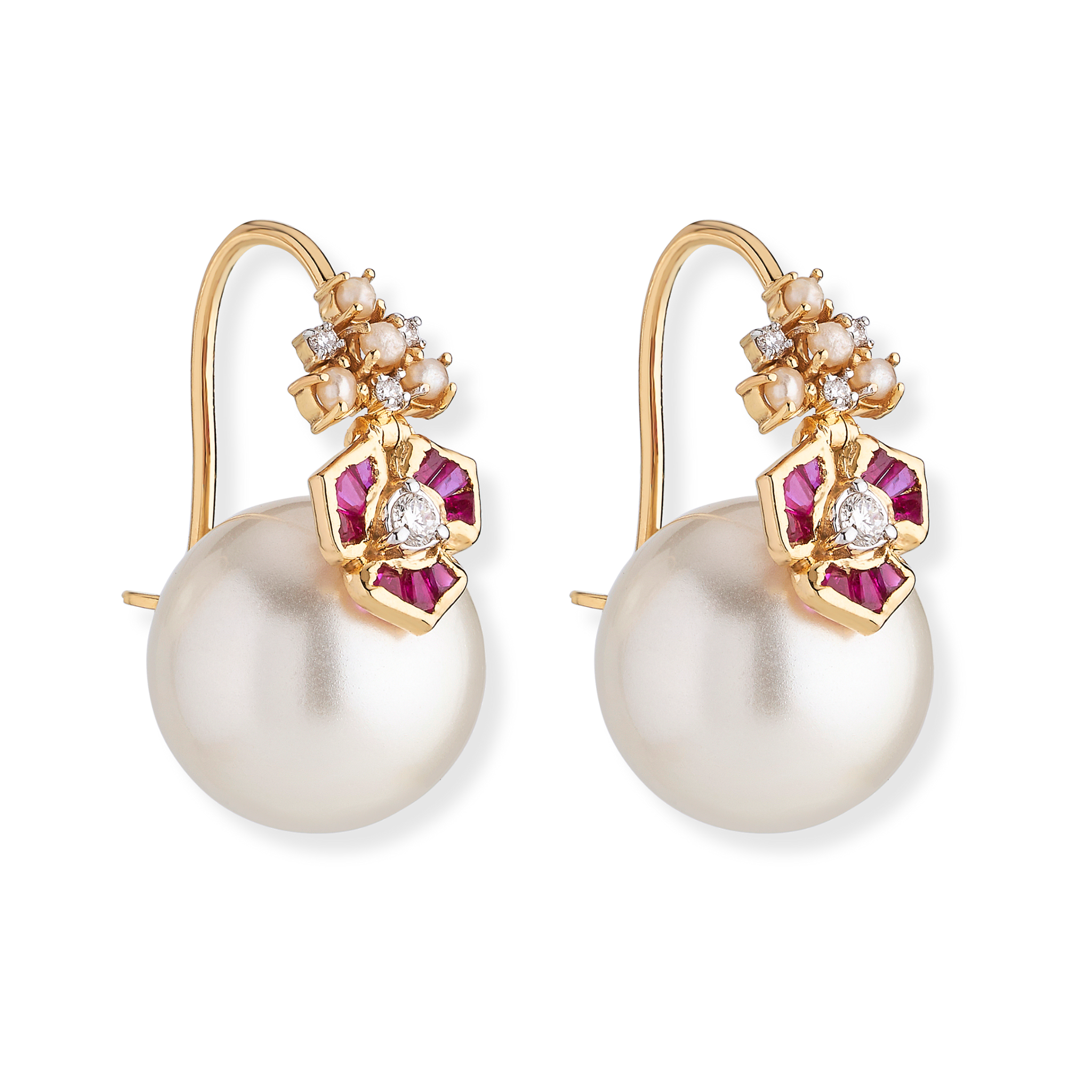 Ruby baguette flower earrings with diamonds and pearls