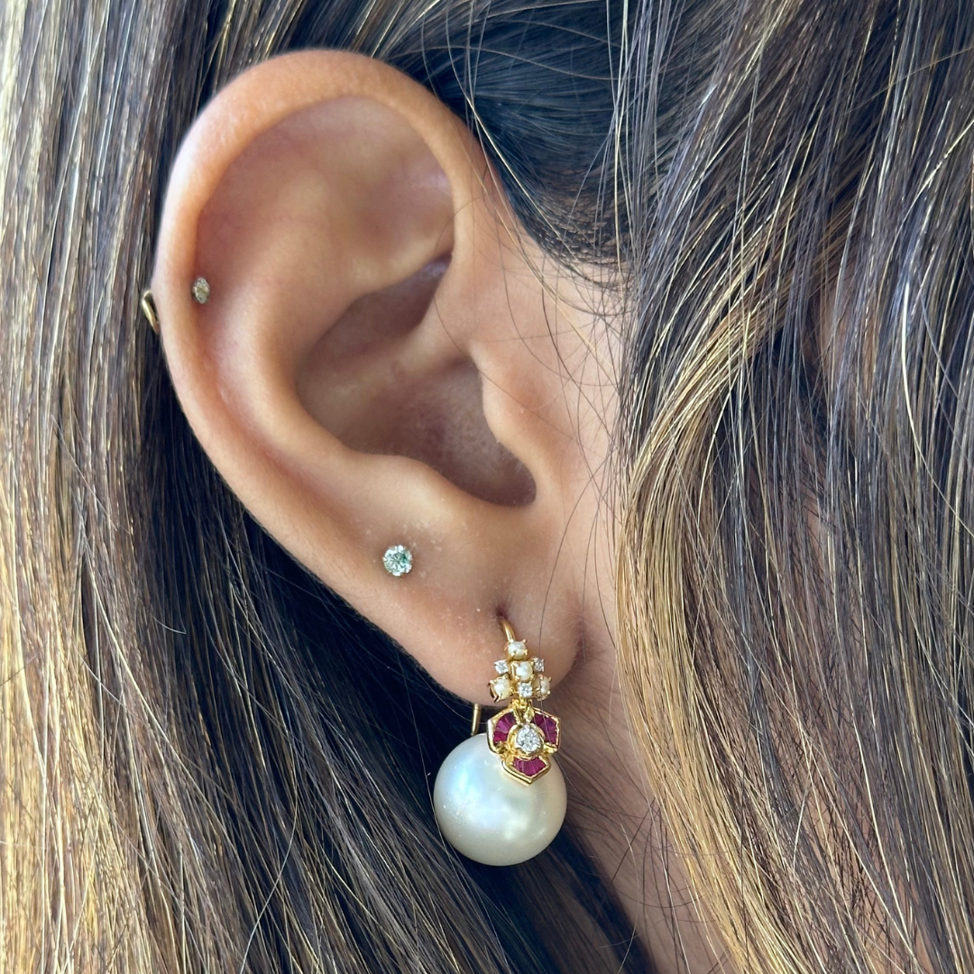 Ruby baguette flower earrings with diamonds and pearls