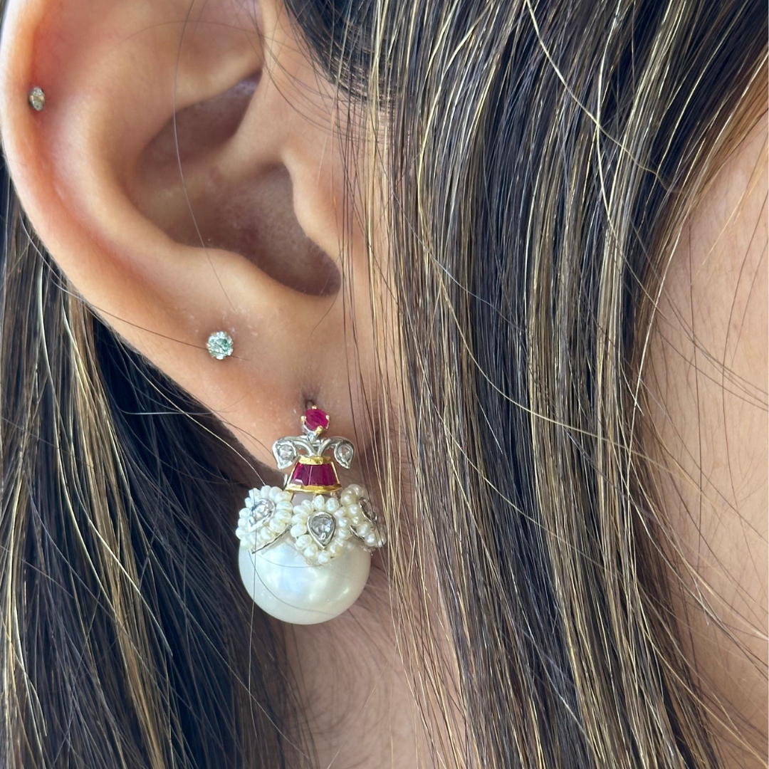 The three petal ruby and seed pearl diamond with pearl earrings