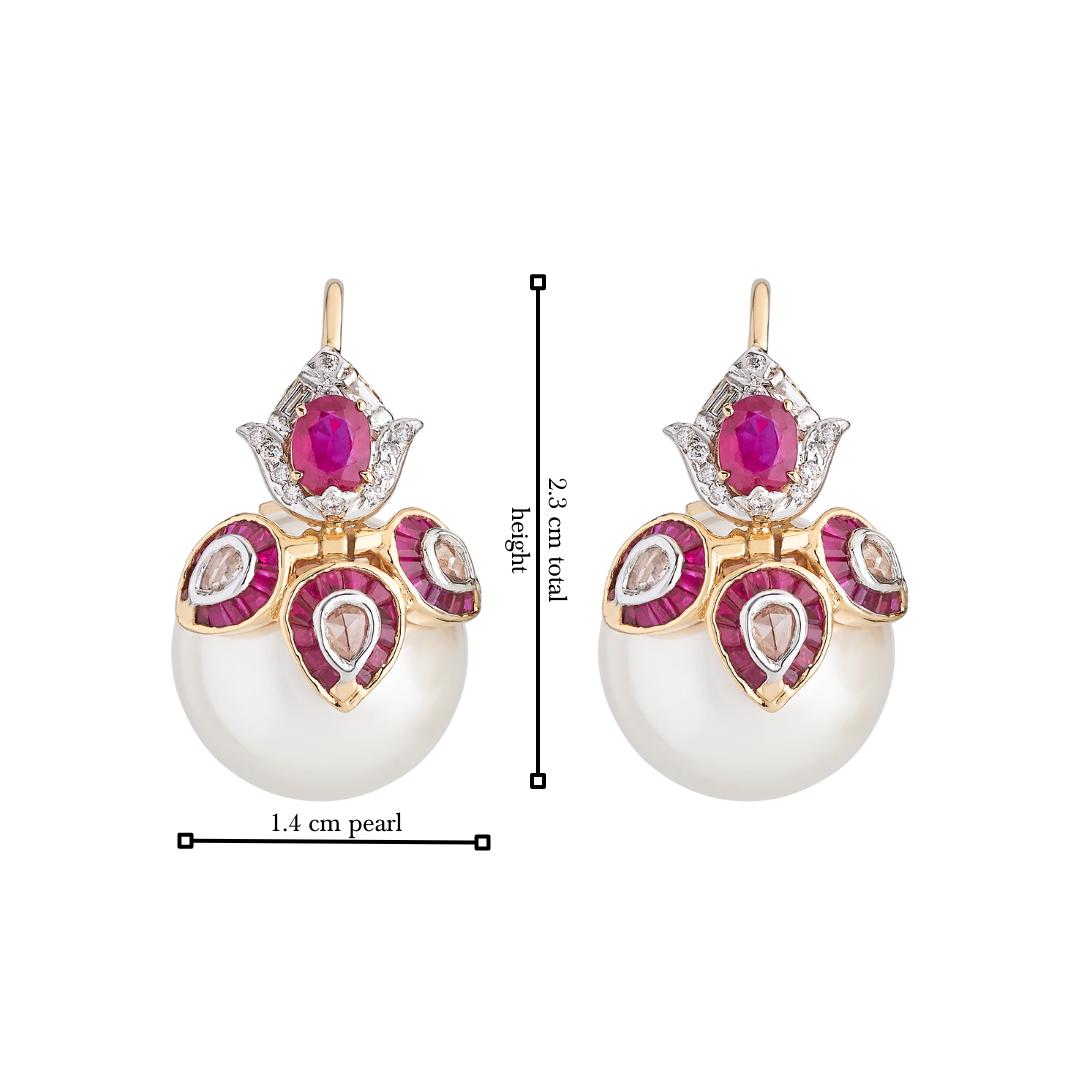 The 3 petal large ruby diamond and pearl earrings